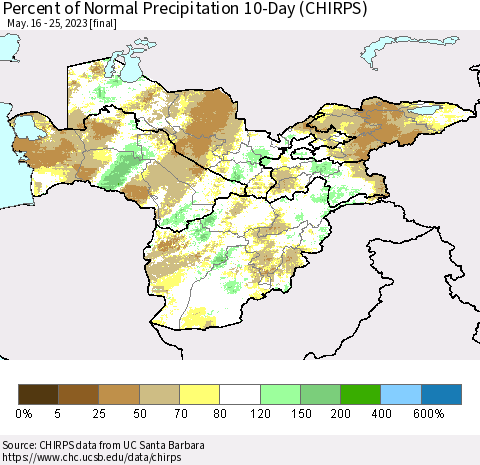 Central Asia Percent of Normal Precipitation 10-Day (CHIRPS) Thematic Map For 5/16/2023 - 5/25/2023