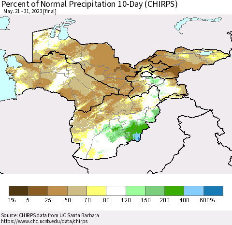 Central Asia Percent of Normal Precipitation 10-Day (CHIRPS) Thematic Map For 5/21/2023 - 5/31/2023