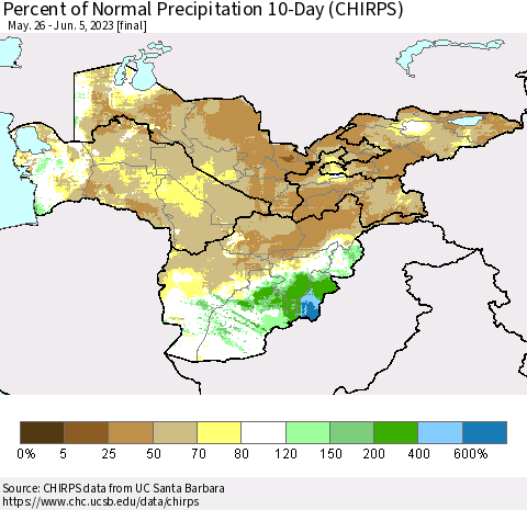 Central Asia Percent of Normal Precipitation 10-Day (CHIRPS) Thematic Map For 5/26/2023 - 6/5/2023