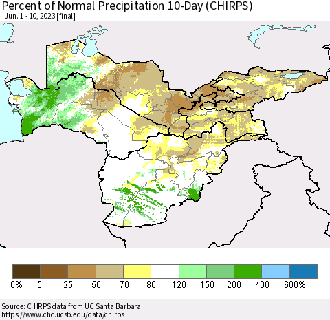 Central Asia Percent of Normal Precipitation 10-Day (CHIRPS) Thematic Map For 6/1/2023 - 6/10/2023