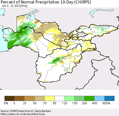 Central Asia Percent of Normal Precipitation 10-Day (CHIRPS) Thematic Map For 6/6/2023 - 6/15/2023