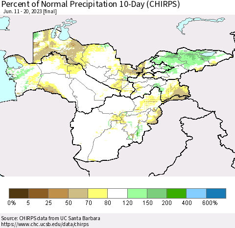 Central Asia Percent of Normal Precipitation 10-Day (CHIRPS) Thematic Map For 6/11/2023 - 6/20/2023