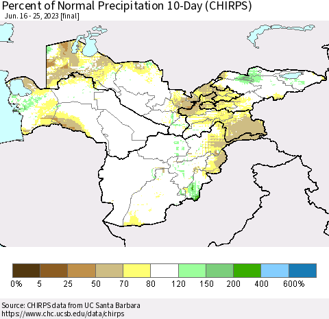 Central Asia Percent of Normal Precipitation 10-Day (CHIRPS) Thematic Map For 6/16/2023 - 6/25/2023