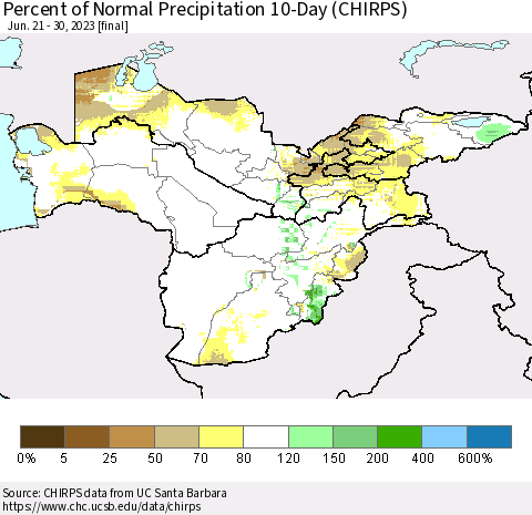 Central Asia Percent of Normal Precipitation 10-Day (CHIRPS) Thematic Map For 6/21/2023 - 6/30/2023
