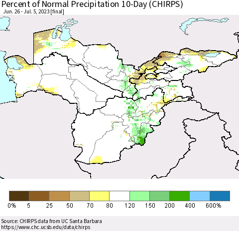 Central Asia Percent of Normal Precipitation 10-Day (CHIRPS) Thematic Map For 6/26/2023 - 7/5/2023