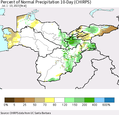 Central Asia Percent of Normal Precipitation 10-Day (CHIRPS) Thematic Map For 7/1/2023 - 7/10/2023