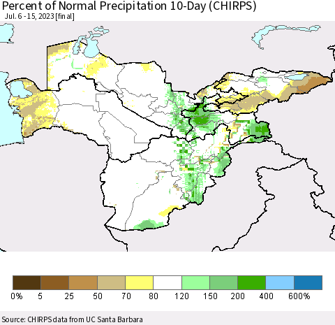 Central Asia Percent of Normal Precipitation 10-Day (CHIRPS) Thematic Map For 7/6/2023 - 7/15/2023