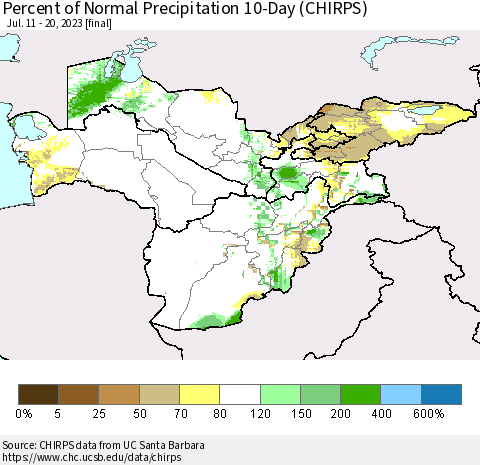 Central Asia Percent of Normal Precipitation 10-Day (CHIRPS) Thematic Map For 7/11/2023 - 7/20/2023