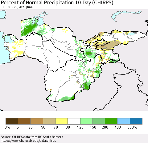 Central Asia Percent of Normal Precipitation 10-Day (CHIRPS) Thematic Map For 7/16/2023 - 7/25/2023