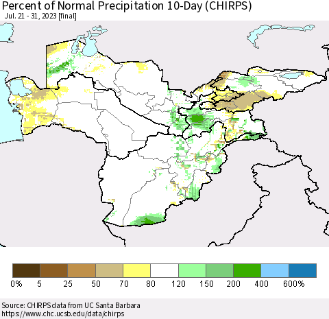 Central Asia Percent of Normal Precipitation 10-Day (CHIRPS) Thematic Map For 7/21/2023 - 7/31/2023