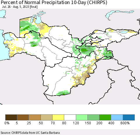 Central Asia Percent of Normal Precipitation 10-Day (CHIRPS) Thematic Map For 7/26/2023 - 8/5/2023
