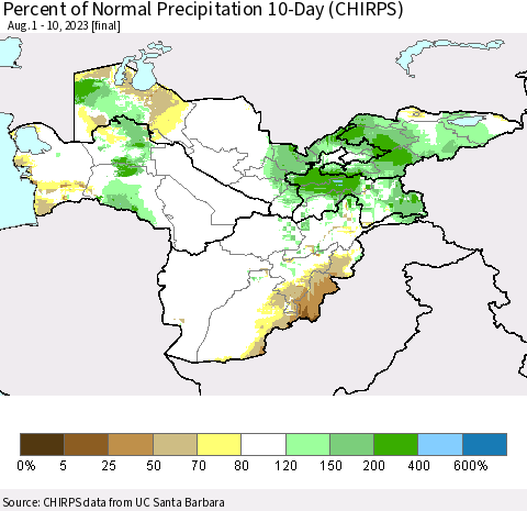Central Asia Percent of Normal Precipitation 10-Day (CHIRPS) Thematic Map For 8/1/2023 - 8/10/2023