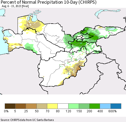 Central Asia Percent of Normal Precipitation 10-Day (CHIRPS) Thematic Map For 8/6/2023 - 8/15/2023