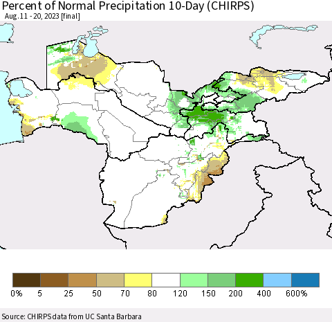 Central Asia Percent of Normal Precipitation 10-Day (CHIRPS) Thematic Map For 8/11/2023 - 8/20/2023