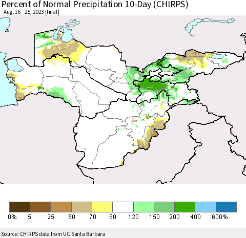 Central Asia Percent of Normal Precipitation 10-Day (CHIRPS) Thematic Map For 8/16/2023 - 8/25/2023