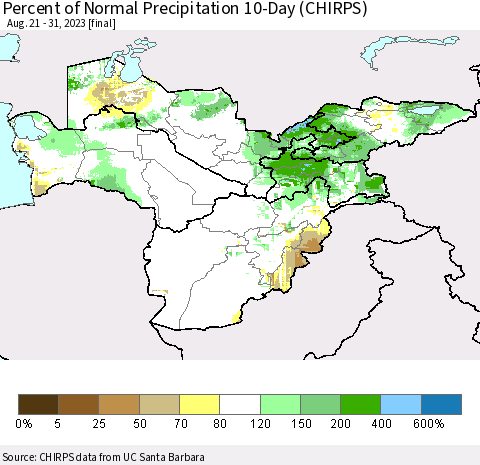 Central Asia Percent of Normal Precipitation 10-Day (CHIRPS) Thematic Map For 8/21/2023 - 8/31/2023