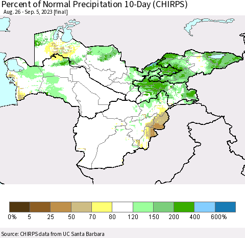 Central Asia Percent of Normal Precipitation 10-Day (CHIRPS) Thematic Map For 8/26/2023 - 9/5/2023