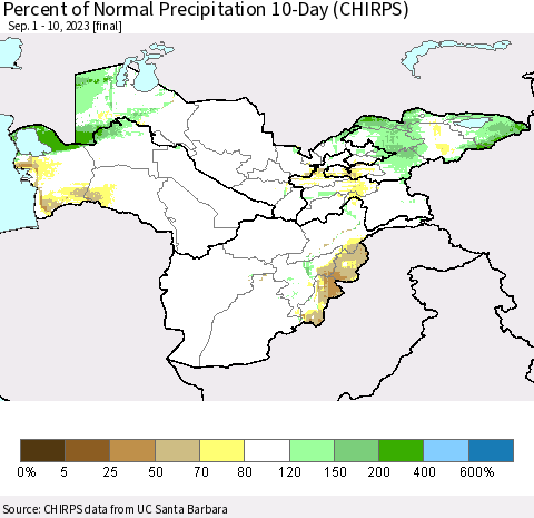 Central Asia Percent of Normal Precipitation 10-Day (CHIRPS) Thematic Map For 9/1/2023 - 9/10/2023