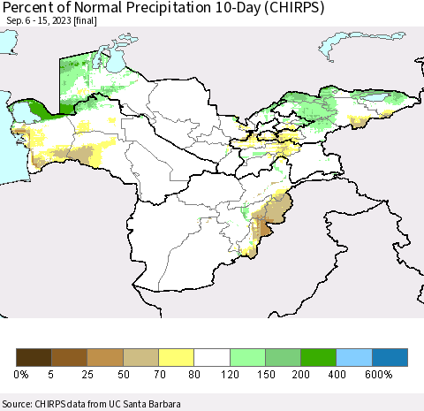 Central Asia Percent of Normal Precipitation 10-Day (CHIRPS) Thematic Map For 9/6/2023 - 9/15/2023