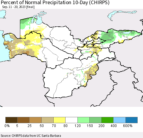 Central Asia Percent of Normal Precipitation 10-Day (CHIRPS) Thematic Map For 9/11/2023 - 9/20/2023