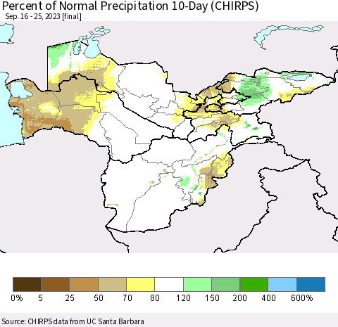 Central Asia Percent of Normal Precipitation 10-Day (CHIRPS) Thematic Map For 9/16/2023 - 9/25/2023