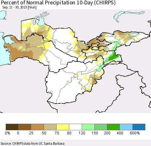 Central Asia Percent of Normal Precipitation 10-Day (CHIRPS) Thematic Map For 9/21/2023 - 9/30/2023