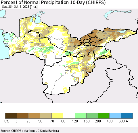 Central Asia Percent of Normal Precipitation 10-Day (CHIRPS) Thematic Map For 9/26/2023 - 10/5/2023