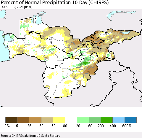 Central Asia Percent of Normal Precipitation 10-Day (CHIRPS) Thematic Map For 10/1/2023 - 10/10/2023