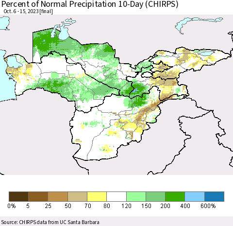 Central Asia Percent of Normal Precipitation 10-Day (CHIRPS) Thematic Map For 10/6/2023 - 10/15/2023