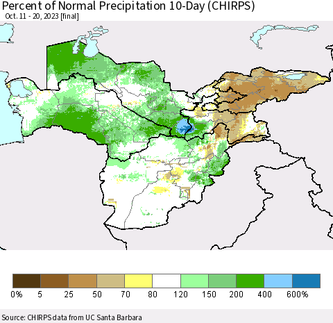 Central Asia Percent of Normal Precipitation 10-Day (CHIRPS) Thematic Map For 10/11/2023 - 10/20/2023