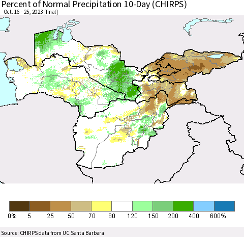 Central Asia Percent of Normal Precipitation 10-Day (CHIRPS) Thematic Map For 10/16/2023 - 10/25/2023