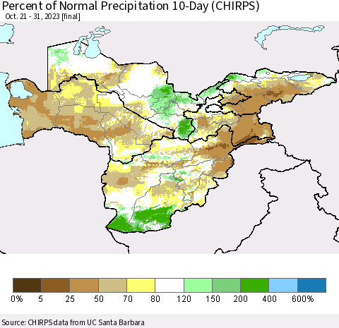 Central Asia Percent of Normal Precipitation 10-Day (CHIRPS) Thematic Map For 10/21/2023 - 10/31/2023