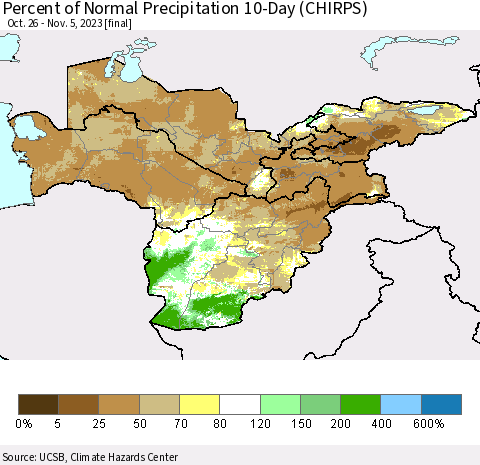 Central Asia Percent of Normal Precipitation 10-Day (CHIRPS) Thematic Map For 10/26/2023 - 11/5/2023