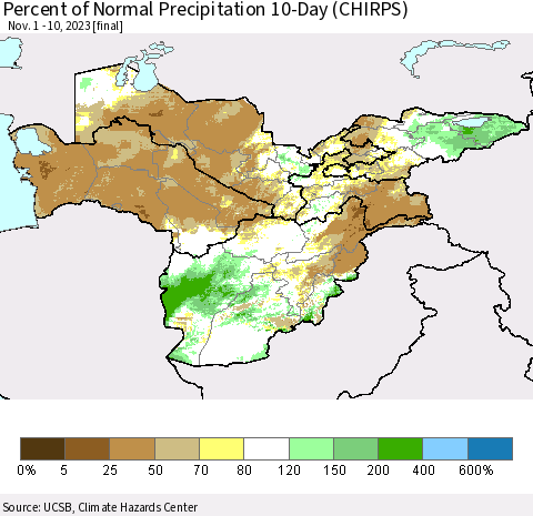 Central Asia Percent of Normal Precipitation 10-Day (CHIRPS) Thematic Map For 11/1/2023 - 11/10/2023