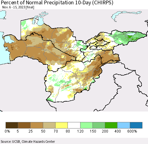 Central Asia Percent of Normal Precipitation 10-Day (CHIRPS) Thematic Map For 11/6/2023 - 11/15/2023