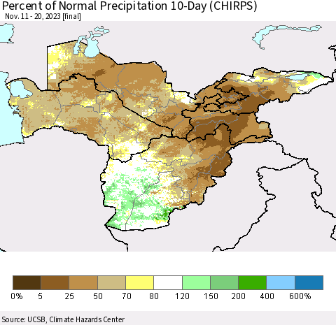 Central Asia Percent of Normal Precipitation 10-Day (CHIRPS) Thematic Map For 11/11/2023 - 11/20/2023