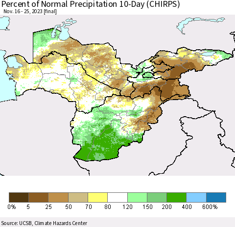 Central Asia Percent of Normal Precipitation 10-Day (CHIRPS) Thematic Map For 11/16/2023 - 11/25/2023