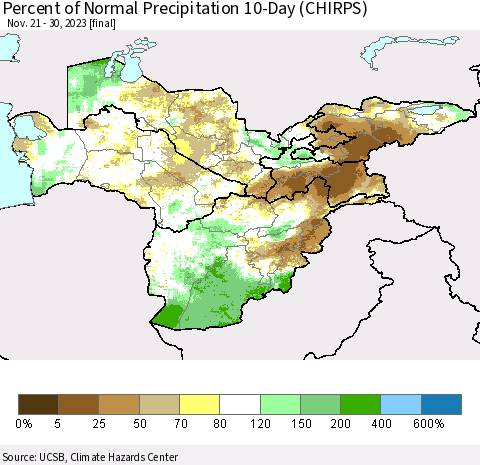 Central Asia Percent of Normal Precipitation 10-Day (CHIRPS) Thematic Map For 11/21/2023 - 11/30/2023
