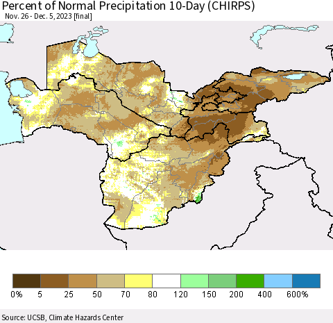 Central Asia Percent of Normal Precipitation 10-Day (CHIRPS) Thematic Map For 11/26/2023 - 12/5/2023