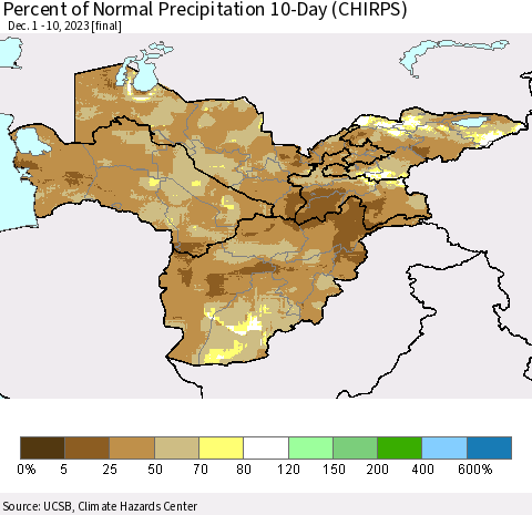 Central Asia Percent of Normal Precipitation 10-Day (CHIRPS) Thematic Map For 12/1/2023 - 12/10/2023