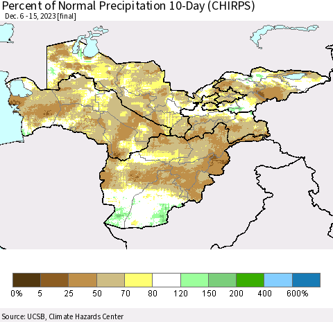 Central Asia Percent of Normal Precipitation 10-Day (CHIRPS) Thematic Map For 12/6/2023 - 12/15/2023