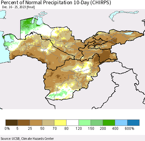 Central Asia Percent of Normal Precipitation 10-Day (CHIRPS) Thematic Map For 12/16/2023 - 12/25/2023