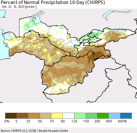 Central Asia Percent of Normal Precipitation 10-Day (CHIRPS) Thematic Map For 12/21/2023 - 12/31/2023
