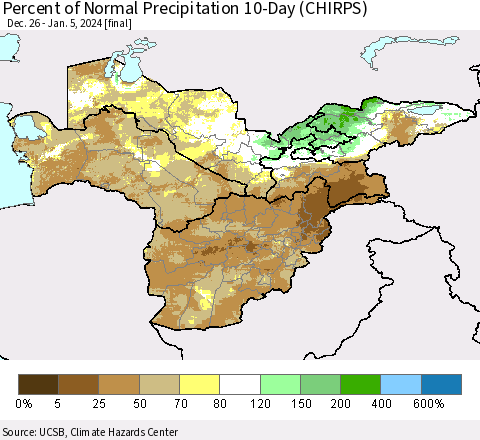 Central Asia Percent of Normal Precipitation 10-Day (CHIRPS) Thematic Map For 12/26/2023 - 1/5/2024