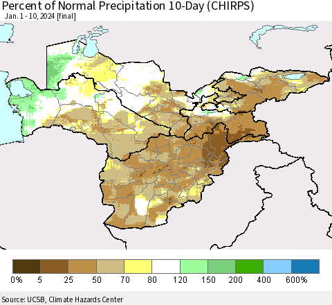 Central Asia Percent of Normal Precipitation 10-Day (CHIRPS) Thematic Map For 1/1/2024 - 1/10/2024