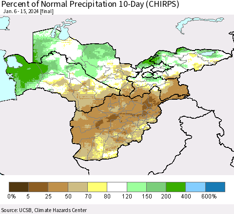 Central Asia Percent of Normal Precipitation 10-Day (CHIRPS) Thematic Map For 1/6/2024 - 1/15/2024