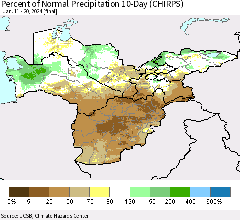 Central Asia Percent of Normal Precipitation 10-Day (CHIRPS) Thematic Map For 1/11/2024 - 1/20/2024