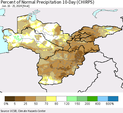 Central Asia Percent of Normal Precipitation 10-Day (CHIRPS) Thematic Map For 1/16/2024 - 1/25/2024