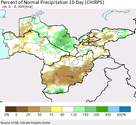 Central Asia Percent of Normal Precipitation 10-Day (CHIRPS) Thematic Map For 1/21/2024 - 1/31/2024