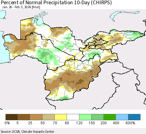 Central Asia Percent of Normal Precipitation 10-Day (CHIRPS) Thematic Map For 1/26/2024 - 2/5/2024